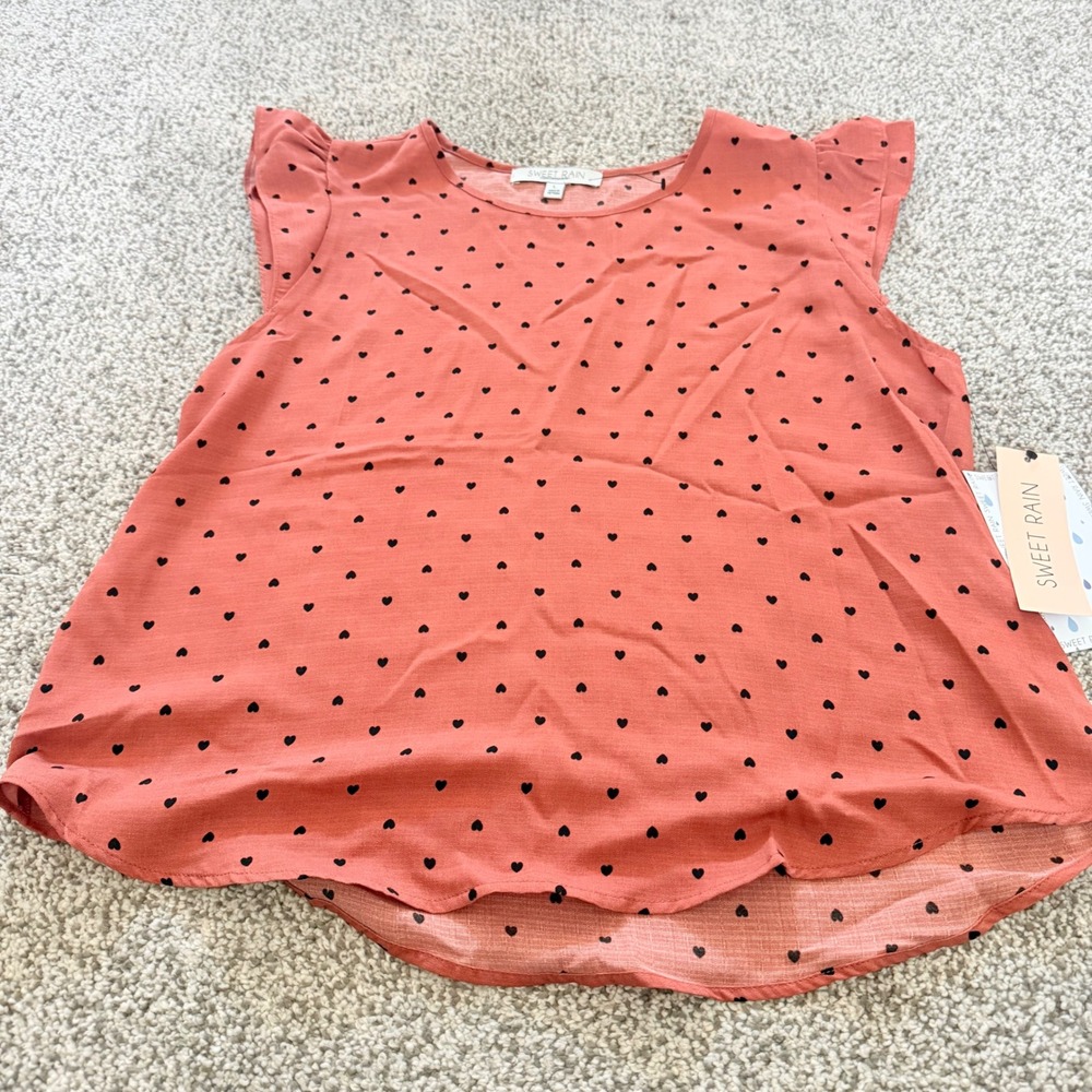 Women's L Terracotta coral Heart Print Flutter Sleeve Top Preppy Western NWT